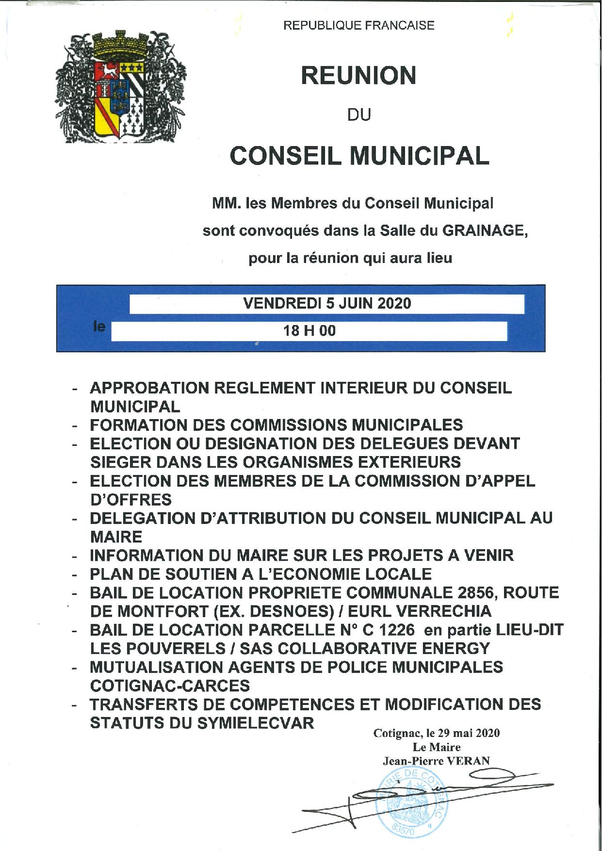 Réunion du Conseil Municipal du vendredi 05 juin 2020 à 18h :